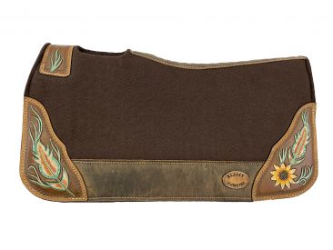 Klassy Cowgirl 28x30 Barrel Style 1" Brown felt pad with antiqued feather &amp; sunflower design